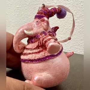 Vintage Pink Elephant Ornament with Purple Accents